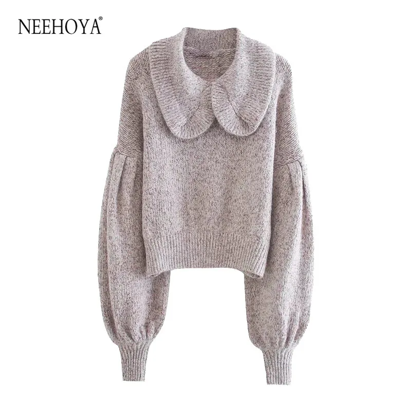 Women 2020 Fashion Ruffle Trims Cropped Knitted Sweater Vintage Peter Pan Collar Long Sleeve Female Pullovers Chic Tops | Женская одежда
