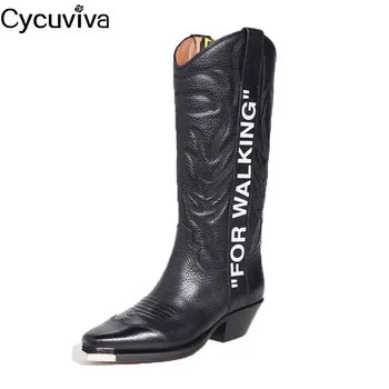 

Genuine Leather Women Mid Calf Boots Square Heel Print Word Knight Boots Square Toe Casual Ladies Shoes Cowboy Motorcycle Boots