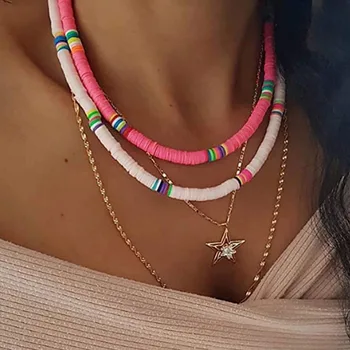 

Bohemia Multicolour 6MM Pottery Necklace for Women Handmade Charm Beaded Choker Necklace Summer Surfer Collar Necklace Jewelry