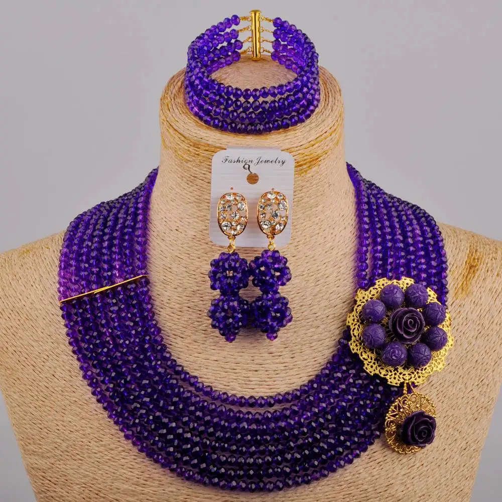 

Purple African Necklace Nigerian Beads Jewelry Set Crystal Wedding Bridal Jewelry Sets