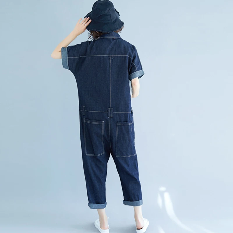 Korean Jean Jumpsuit Ladies 2020 Summer Short Sleeve Overalls Playsuit Female Pocket Loose Casual Denim Women комбенизон Z172