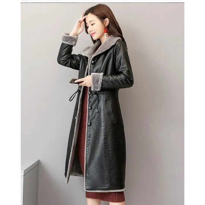Модная новинка, женская зимняя кожаная куртка, тонкие меховые пальто, длинный осенний Тренч, пальто размера плюс 5XL, толстые кожаные куртки для женщин G41