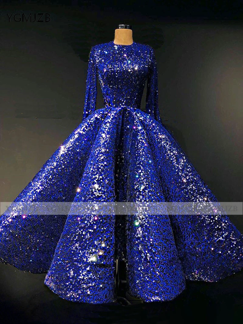 

Women Puffy Prom Dresses Long Sleeve O Neck Blue Tea Length Sparkly Sequin Dubai Formal Party Evening Gowns 2020