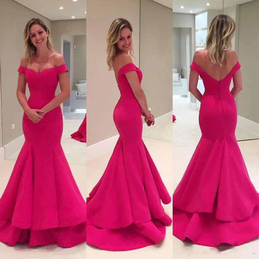 2020 Elegant Fuchsia Mermaid Prom Dresses Off The Shoulder Ruched Satin Simple Sexy Backless Long Sweep Train Evening | Свадьбы и