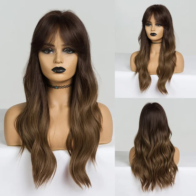 EASIHAIR Long Dark Brown Women's Wigs with Bangs Water Wave Heat Resistant Synthetic Wigs for Black Women African American Hair LC256-2