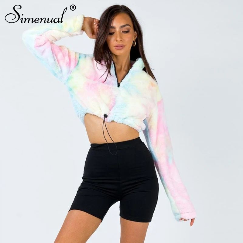 Simenual Tie Dye Faux толстовки из овечьей шерсти женские на молнии осенние модные повседневные толстовки с длинным рукавом пушистый флисовый укороченный топ