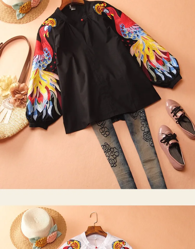 Spring and Summer Cotton Causal Shirts Embroidered Long-sleeved Shirts Woman Full Button Print O-Neck lantern Sleeve