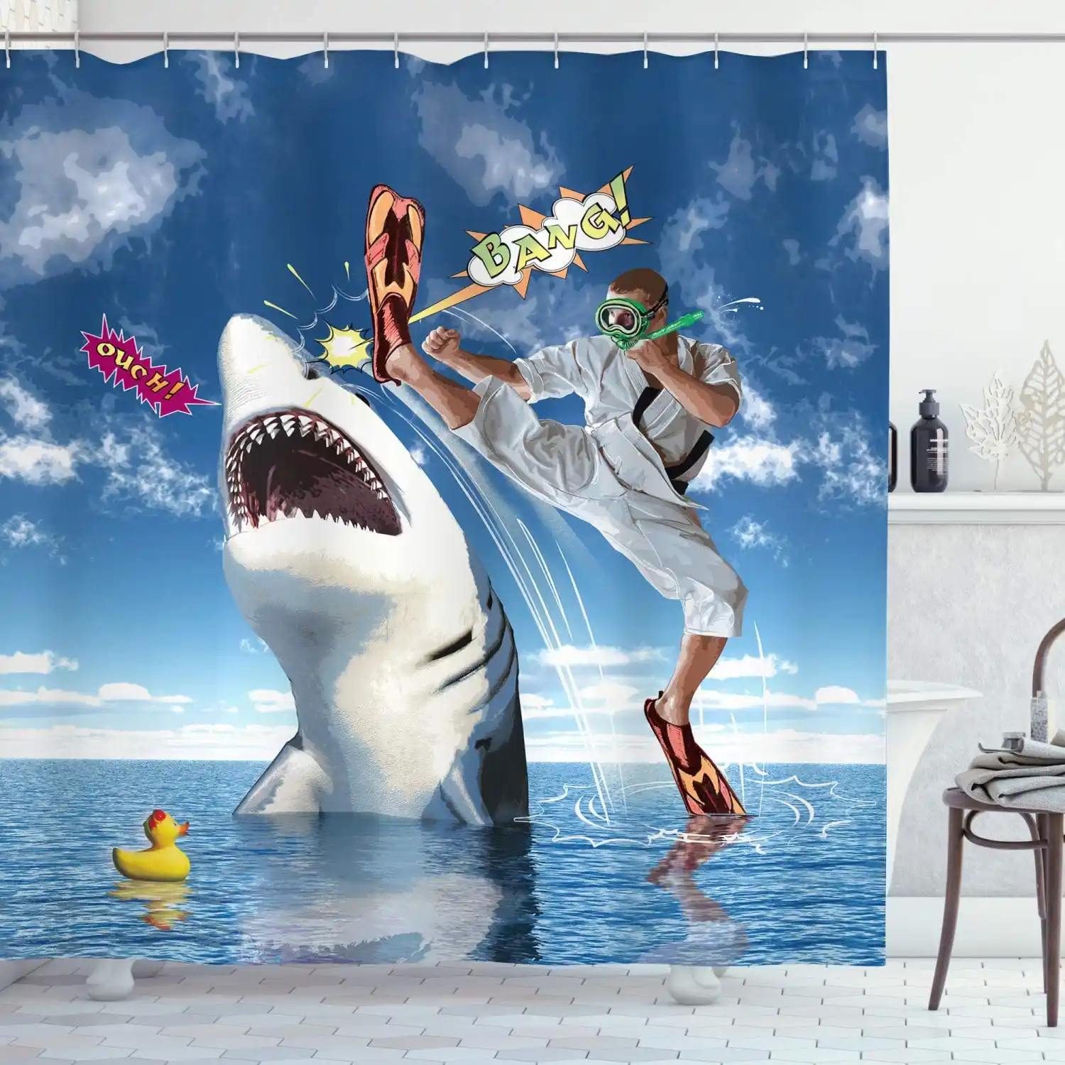 Sealife Shower Curtain Unusual Marine Navy Life Animals Fish Sharks With Karate Kid And Comics Balloon Art Bathroom Decor Set Shower Curtains Aliexpress