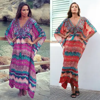 

2020 Women Boho Print Beach Dress Swimwear Bikini Beach Cover Up Ladies Summer Loose Maxi Dress robe Beachwear Clothes One Size