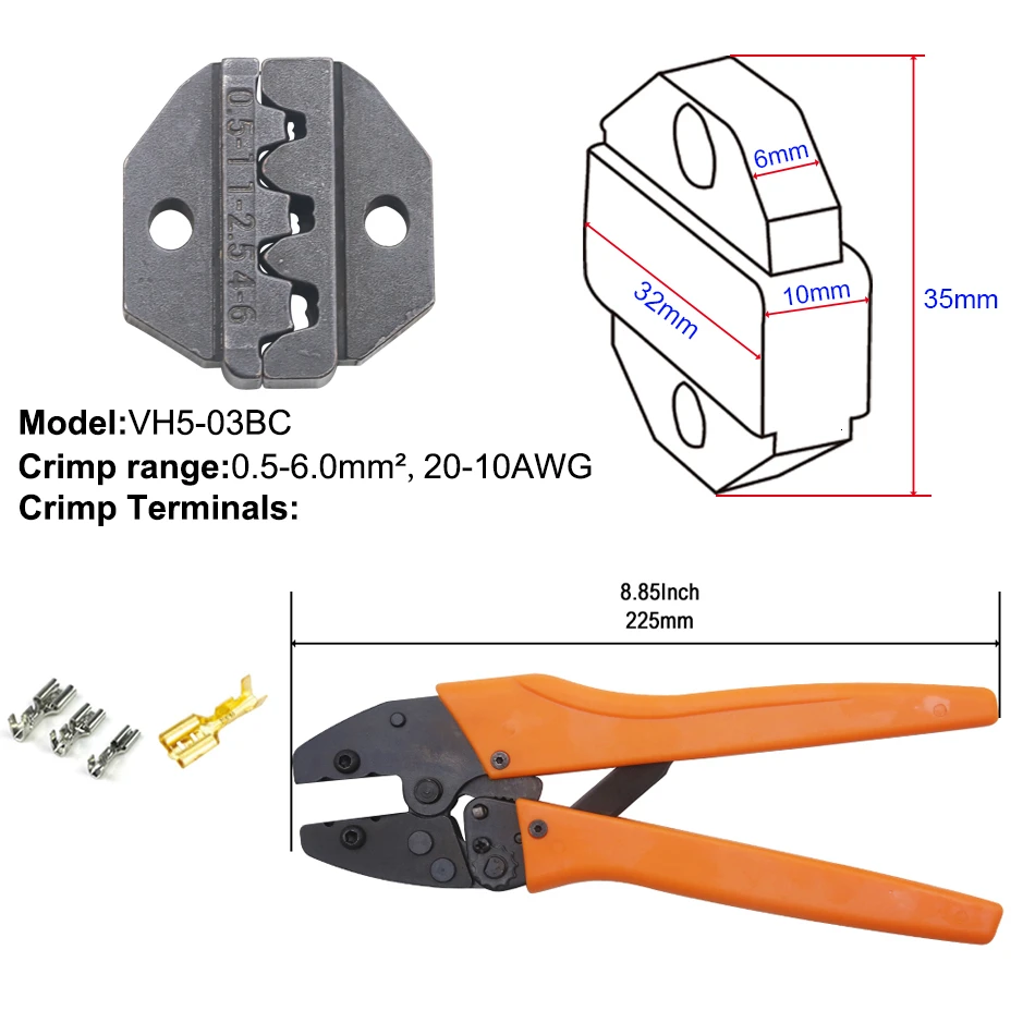 Обжимной инструмент 225 мм трещотка провода щипцы и сменные штампы для термоусадочных разъемов неизолированные наконечники - Цвет: 03BC