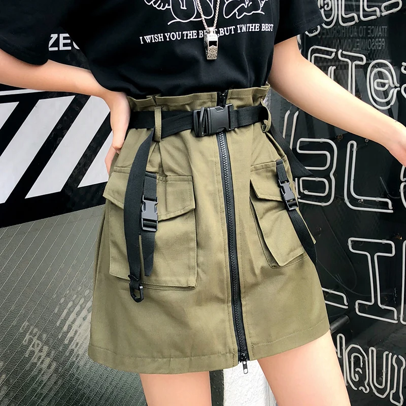 Half-length Skirt Women Pocket Skirt Sashes Ladies Short Tool Skirt Summer 2019 Korean A Line Zipper One-Step Skirt with Belt Half-length Skirt Women Pocket Skirt Sashes Ladies Short Tool Skirt Summer 2019 Korean A Line Zipper One-Step Skirt with Belt