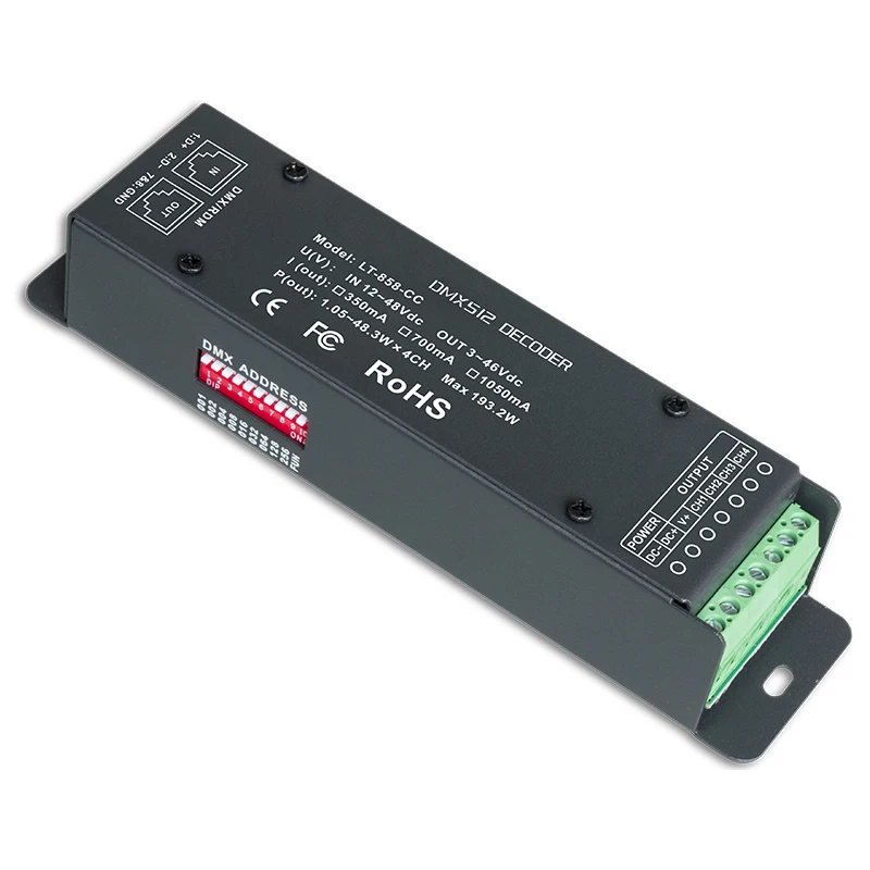 

LTECH Led DMX Decoder 4 Channel Constant Current DC12-48V 3 in 1 4 Channel 350mA 700mA 1050mA CC Slave RJ45 Green Terminal