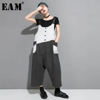

[EAM] High Waist Contrast Color Pocket Wide Leg Overalls Trousers New Loose Fit Pants Women Fashion Spring Summer 2020 JW082