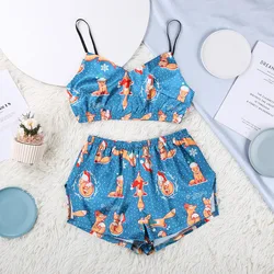 Satin Sexy Fox Print Cartoon Pattern  Pajamas Women Sleepwear Satin Two Piece Set Sexy V Neck Split Shorts New Home Suit