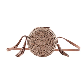 

Fashion Tassel Round Straw Bag Small Fresh Embroidered Retro Beach Bag Casual Woven Handbag For Women Brown