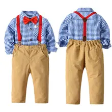 Одежда для маленьких мальчиков 3 предмета, одежда для маленьких мальчиков, галстук-бабочка+ клетчатый топ+ штаны, детский комплект одежды для джентльмена, размер От 3 до 7 лет