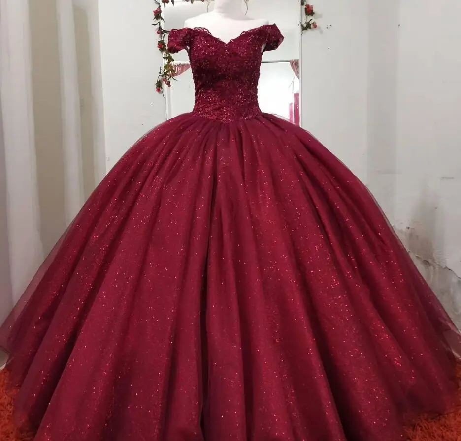 Vestido de baile de princesa rojo oscuro Borgoña, quinceañera, hombros apliques de encaje, cuentas, tul con lentejuelas, vestidos para desfile|Vestidos de quinceañera| - AliExpress