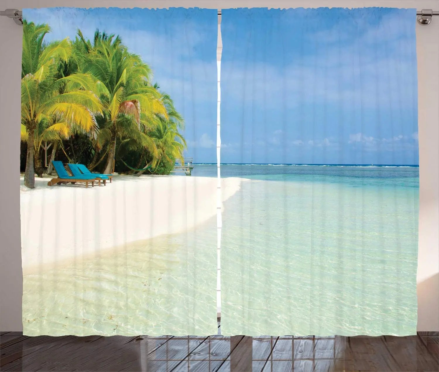 Deep Sky Blue Multicolor Tropical Curtains Scenery from a Small