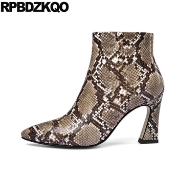 

shoes pointed toe chunky block genuine leather snake short snakeskin 2019 high heel side zip boots real women handmade booties