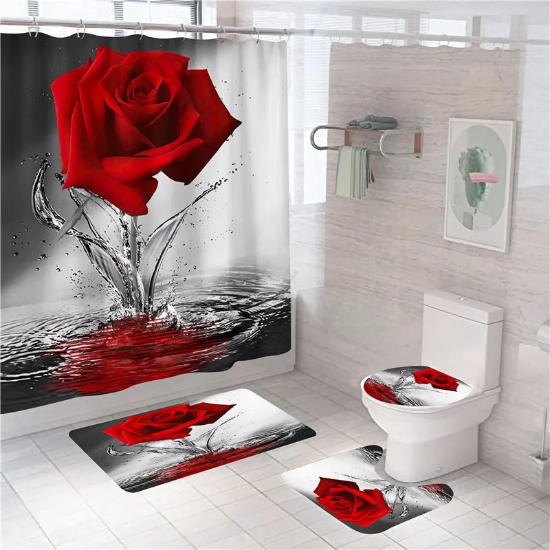 3D Blue Red Pink Rose Print Shower Curtain Set Bathroom Bathing Screen Anti-slip Toilet Lid Cover Carpet Rugs Kitchen Home Decor