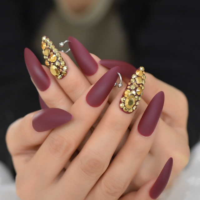 Silver Strass Fake Nails Studs Extra Long Horse Shoe Metal Coffin Faux Ongles with Decorative Stones Frosted Maniture Tips