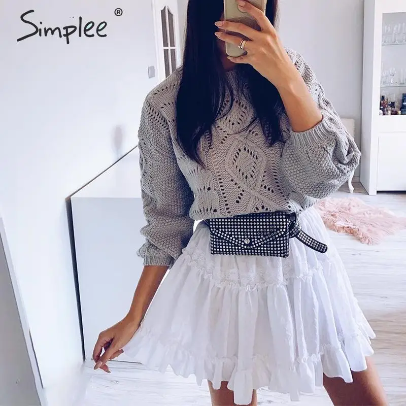 Online Simplee Hollow out knitted women pullover sweater Lantern sleeve female autumn winter sweater O neck casual ladies jumper 2019