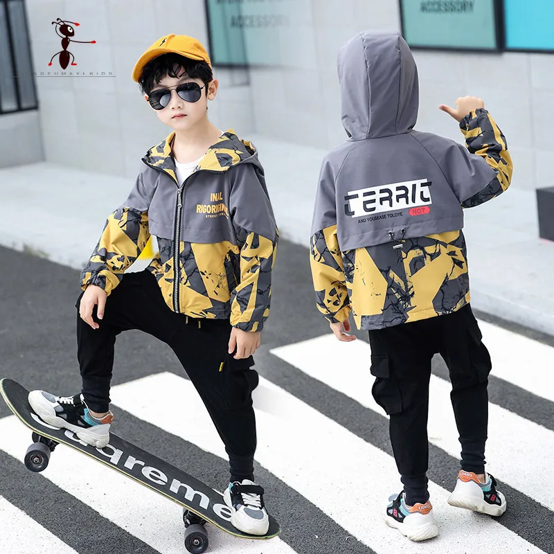 

Kung Fu Ant Brand Autumn Winter Waterproof Camouflag Blue Yellow Keep Warm Boys Hooded Jacket Children Famous Outdoor Sports Top