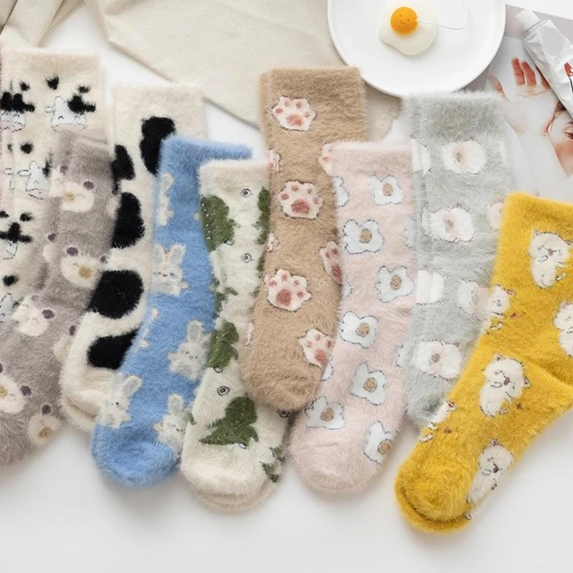 Calcetines térmicos de felpa para mujer, medias mullidas con bordado de  pata de gato, algodón grueso, dibujos animados para dormir - AliExpress