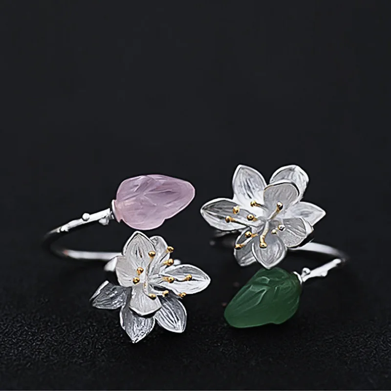 

2020 Real S925 Sterling Silver Natural Aventurine Gemstones Flower Ring Fine Jewelry Lotus Whispers Rings for Women Bijoux gift