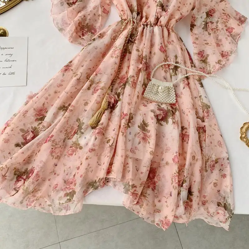 Для женщин Нерегулярные Polka цветочный Плиссированное Платье летнее Boho Винтаж Вечерние Платье с принтом элегантные пляжное длинное корейское шифоновое платье