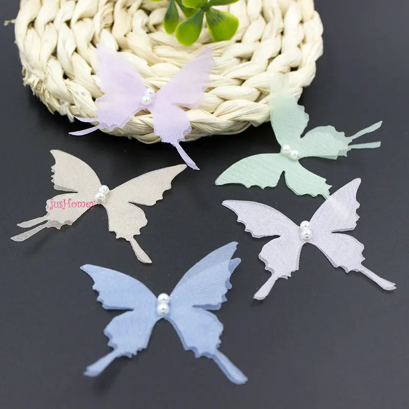 

50PCS Organza Swallowtail butterfly Appliques Sheer Chiffon Butterflies Double-Layer w/ Pearl for Party Decoration