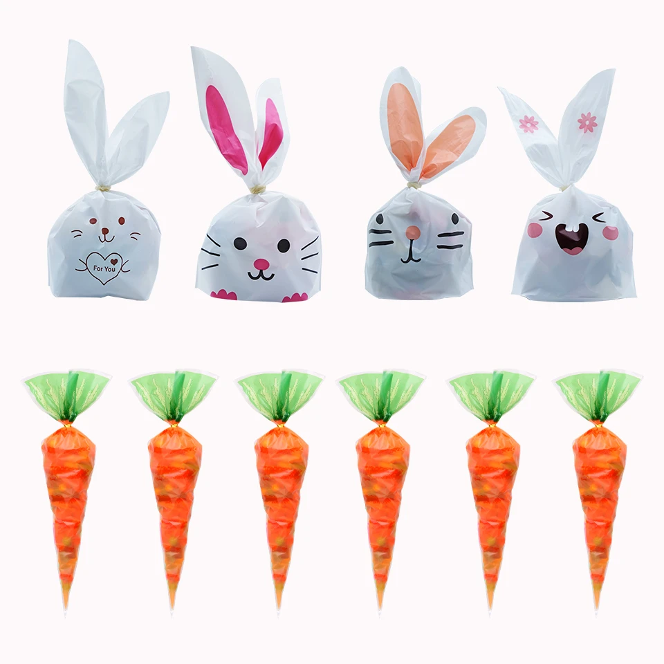 Bolsa para galletas con Orejas de conejo y zanahoria, bolsa para regalo de galletas, dulces, aperitivos, envase de cocción, suministros de decoración de Pascua, gran oferta, lote de 20 unidades