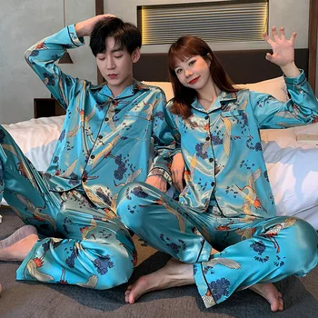 

XIZOU New Couple Sleepwear Silk Satin Pajamas Set Long and Short Button-Down Pyjamas Suit Pijama Women Men Loungewear Pj Set