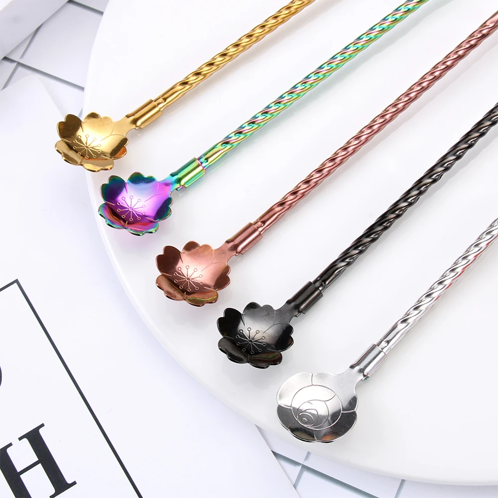 Long Twisted Straw Spoon Portable Stainless Steel Tea Scoop Bent Filter Colored Drinking Straw Cocktail Coffee Stirring Spoons