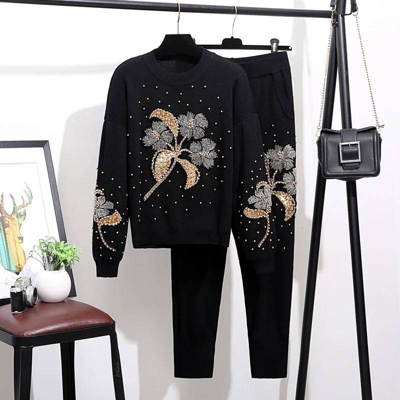 

Black Tracksuit Women Knitting Outfits Handwork Beading Flowers Sweater Pencil Pants Two Piece Set Loose Casual Female Knit 2pc