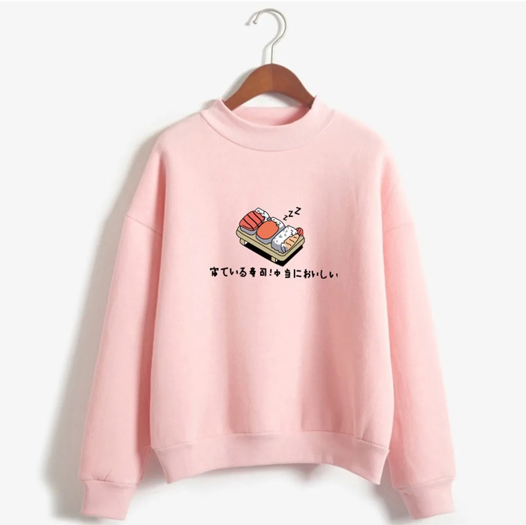 JAYCOSIN Fashion Women Casual Simple Sushi Printed Hooded Loose Sweatshirt Comfortable Soft Sweet Cute Pullover Top Blouse