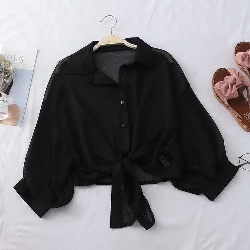 Heliar Black Chiffon Shirts Women Blouse With Buttons V-Neck Tied Up Tribal Blouse Short Office Lady Shirts Women 2020 Summer Heliar Black Chiffon Shirts Women Blouse With Buttons V-Neck Tied Up Tribal Blouse Short Office Lady Shirts Women 2020 Summer