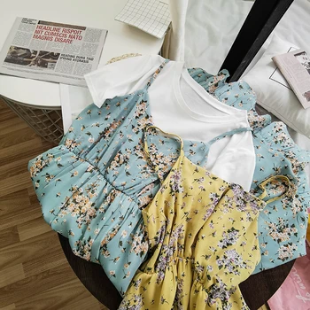 

2020 Summer Vintage Floral Printed Dress Set Women White O Neck T Shirt+v Neck Ruffles Chiffon Long Dresses 4 Colors Women Sets
