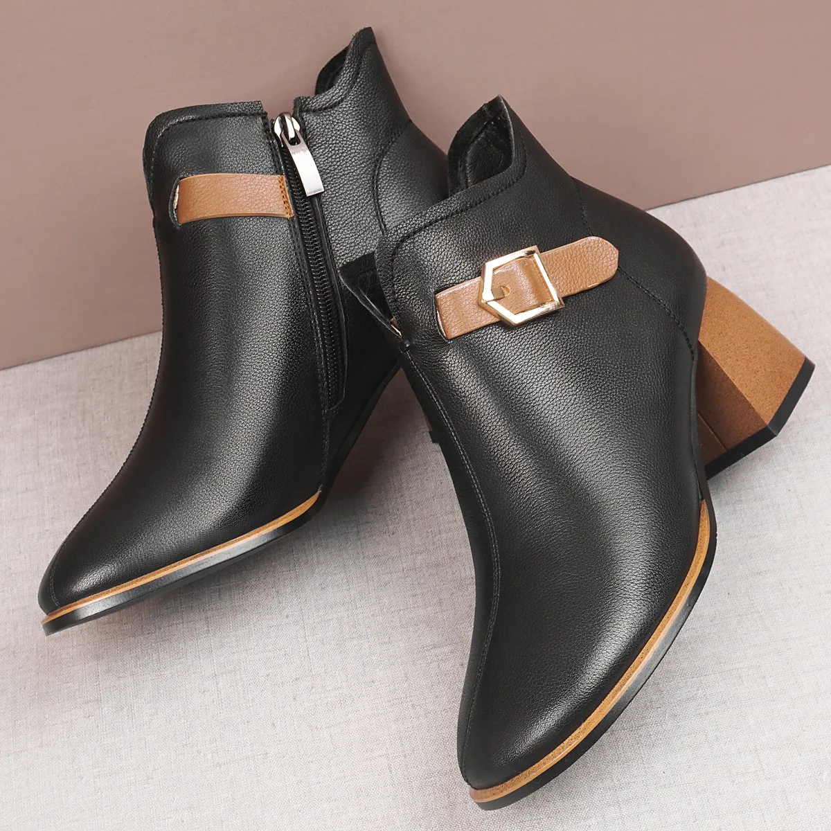 

Plus size 34-41 women's thick high heel genuine leather ankle boots ankle buckle elegant ladies short booties autumn shoes women