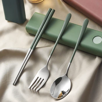 

Cutlery Set Stainless Steel Dinnerware Chopstick Fork Spoon Silver Picnic Tableware Box Travel Faqueiro Tableware BY50CT