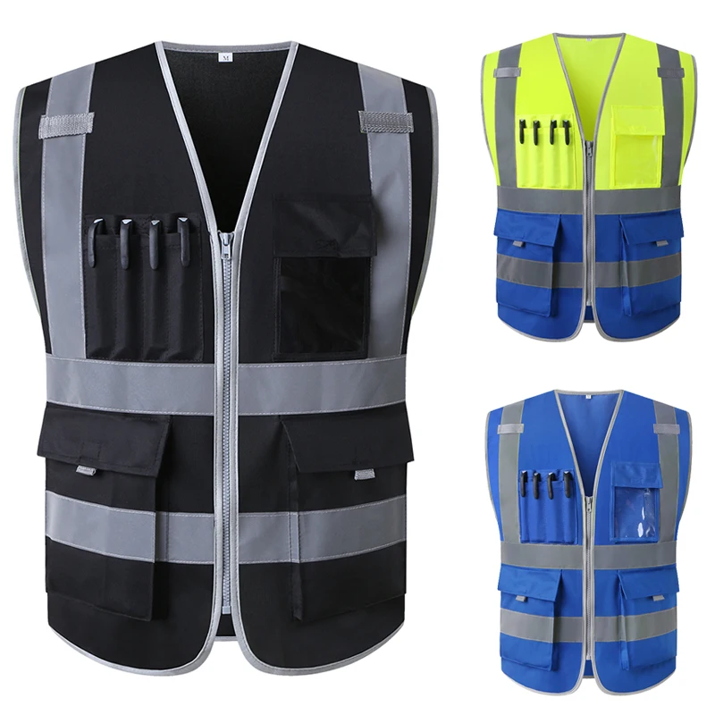 Safety Reflective Vest Construction Building Multi Pocket Black Reflective Vest Safety Vest High Visibility Vest