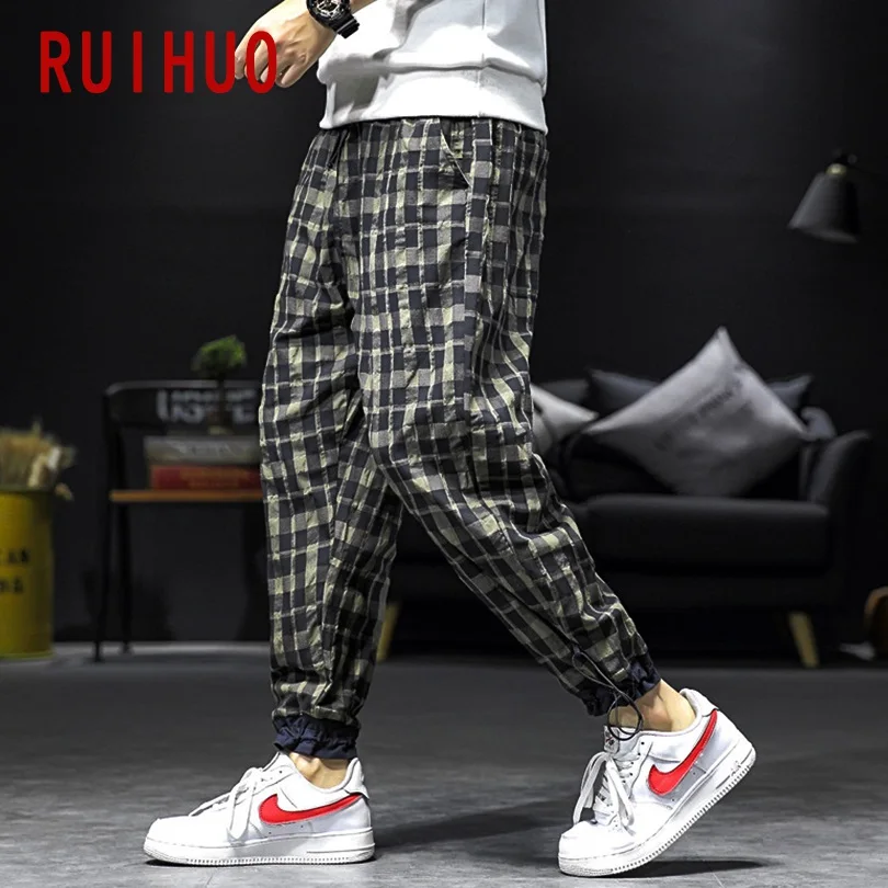 RUIHUO клетчатые брюки мужская Японская уличная одежда Спортивные штаны мужские модные бегуны брюки мужские тренировочные хип-хоп 5XL осень