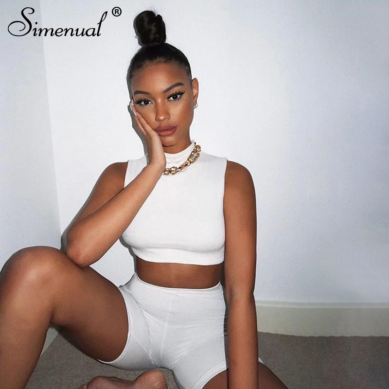 Simenual Solid Sporty Casual Fitness Matching Sets Women Sleeveless Workout Bodycon 2 Piece Outfit Tank Top And Biker Shorts Set Simenual Solid Sporty Casual Fitness Matching Sets Women Sleeveless Workout Bodycon 2 Piece Outfit Tank Top And Biker Shorts Set