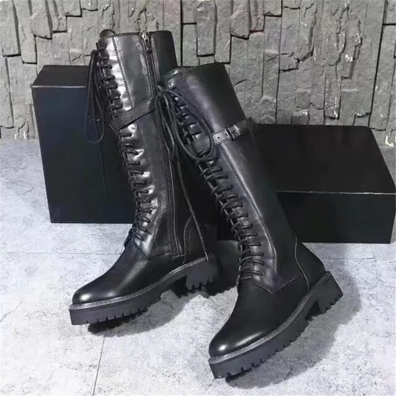 Высокие сапоги осенне-зимние женские ботинки на шнуровке женские ботинки из натуральной кожи на платформе черного цвета Женская обувь в байкерском стиле на высоком каблуке в стиле панк - Цвет: AS SHOW