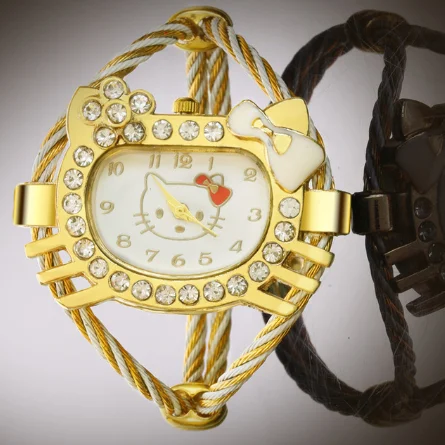 Женские часы Новая мода hello kitty милый Циферблат Дамы браслет часы креативные девушки Стразы пеньковая веревка магнитные часы - Цвет: Gold