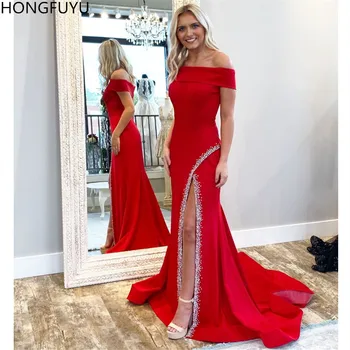 

HONGFUYU Elegant Red Evening Party Dresses Off the Shoulder Robe De Soiree Satin Formal Prom Dress Long Women Gown Crystals Slit