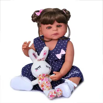 

55cm Simulated Doll Reborn Baby Girl Blue Dress Two Colors Skin Full Body Handmade Soft Silicone Doll