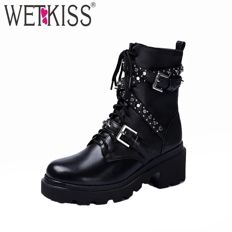 

WETKISS Genuine Leather Rivet Women Ankle Boot Cross Tied Metal Decor Bootie Belt Buckle Thick Platform Female Boot Fashion Boot