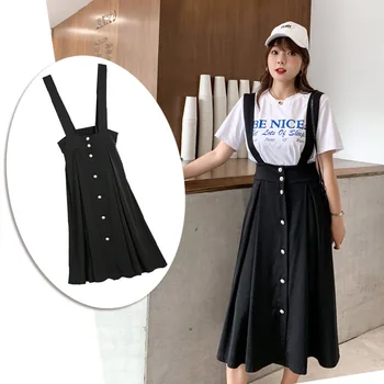 

shuang fu Black and White with Pattern Large Size Suspender Skirt Spandex Large Hem Casual Open Buckle Slimming Thick Legs Fat m