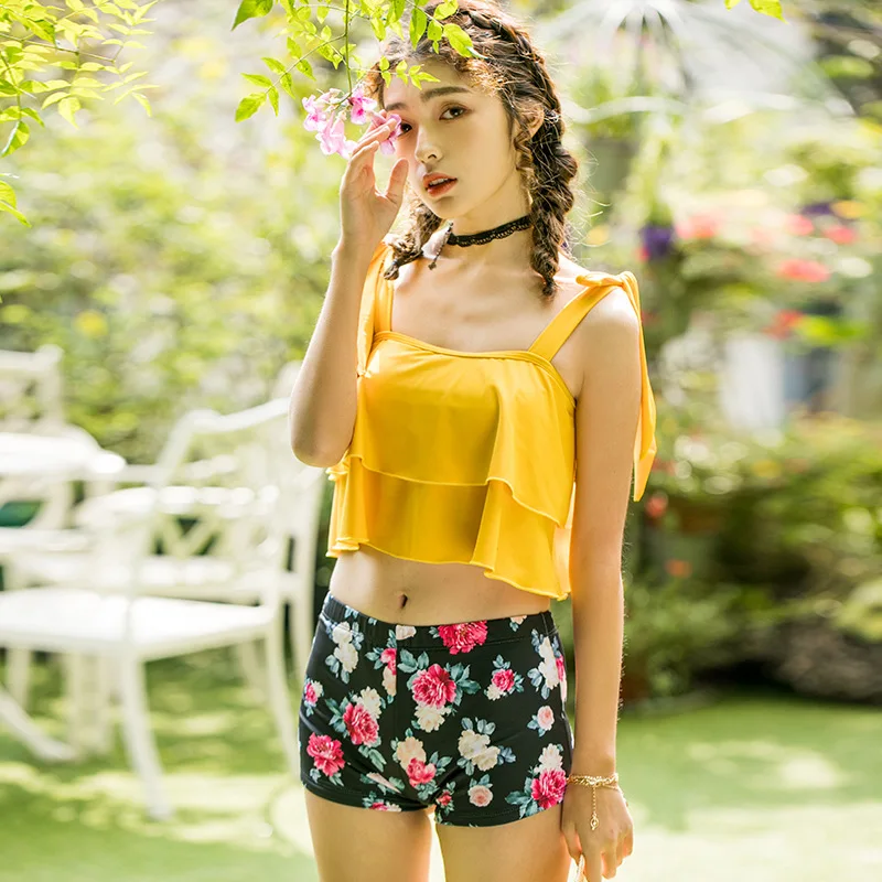

New Style Two-piece Swimsuits Three-piece Set Conservative Floral Push up Size Chest Bathing Suit Women's with Underwiring Chest